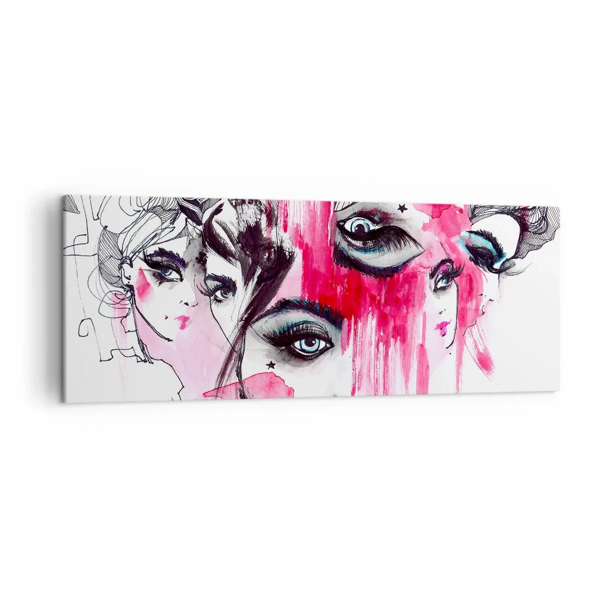 Impression sur toile - Image sur toile - Visage abstrait dans les tons de rose et de noir - 140x50cm - Yeux abstraits - Décoration murale moderne pour le salon et la chambre ARTTOR