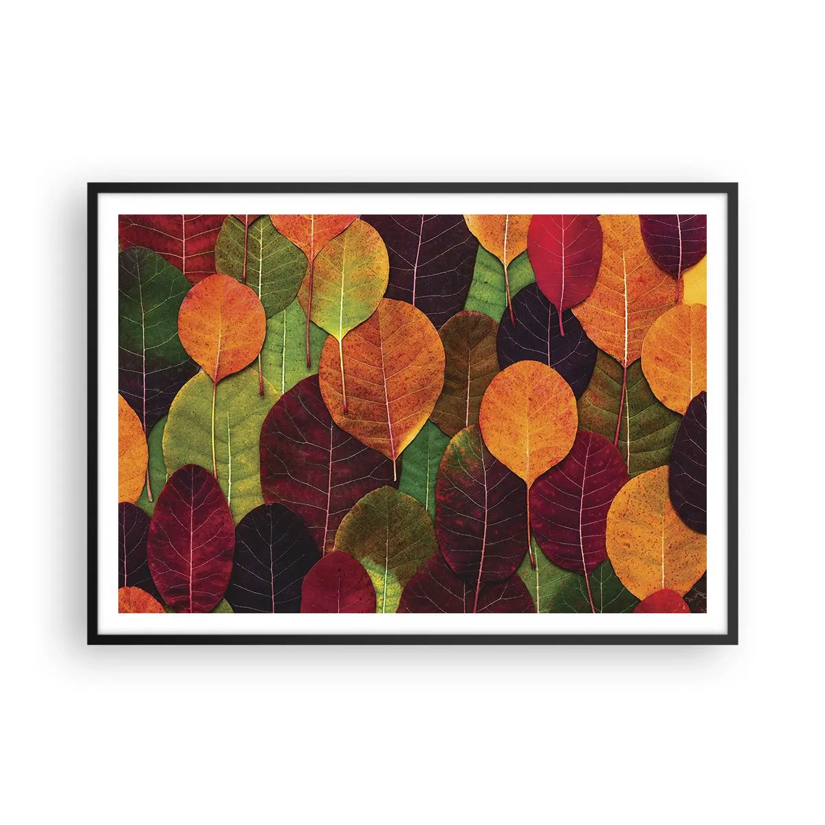 Affiche dans un cadre noir - Poster - Feuilles colorées disposées selon un motif d'automne - 100x70cm - Mozaique printannière - Décoration murale moderne pour le salon et la chambre ARTTOR
