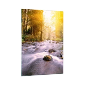 Impression sur verre - Image sur verre - Ruisseau forestier au soleil - 50x70cm - Malachite dans un cadre argent et or - Décoration murale moderne pour le salon et la chambre ARTTOR