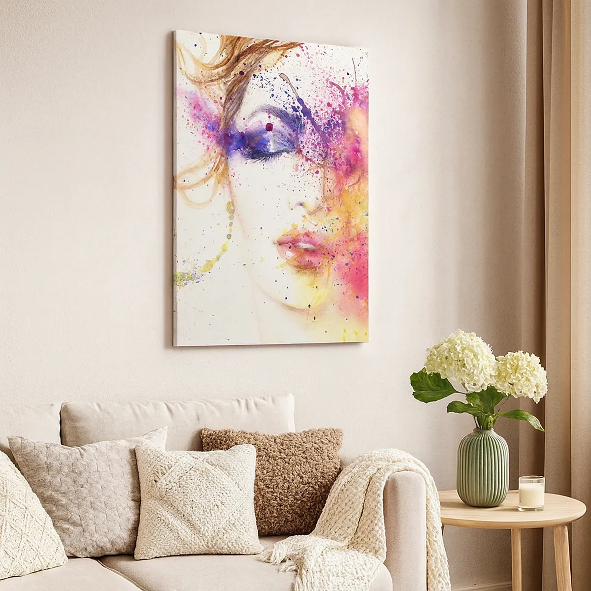 Impression sur toile - Image sur toile - Un portrait artistique d'une femme aux couleurs aquarelles expressives. - 50x70cm - Vertiges arc-en-ciel - Décoration murale moderne pour le salon et la chambre ARTTOR