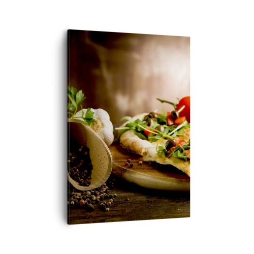 Impression sur toile - Image sur toile - Pizza aux légumes sur une planche en bois dans un style rustique - 50x70cm - Directement du four et du jardin - Décoration murale moderne pour le salon et la chambre ARTTOR