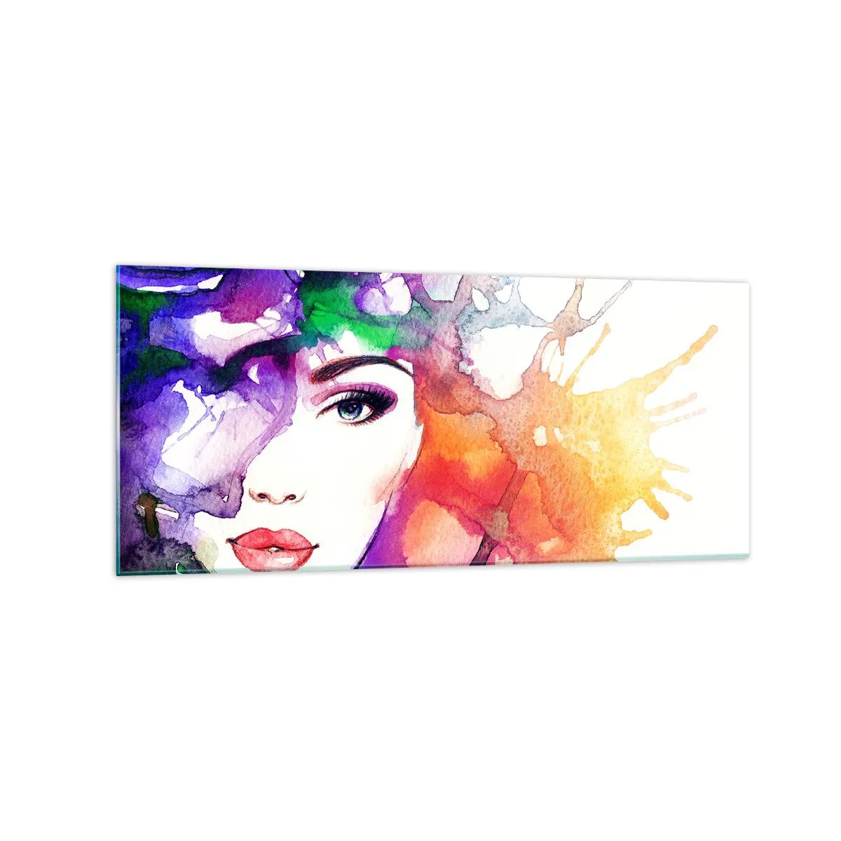 Impression sur verre - Image sur verre - Portrait d'une femme aux couleurs aquarelles avec des taches abstraites - 120x50cm - Avec la tête dans les nuages - Décoration murale moderne pour le salon et la chambre ARTTOR