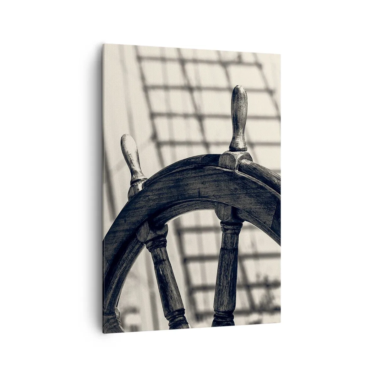 Impression sur toile - Image sur toile - Un gouvernail de style rétro avec un navire en arrière-plan - 70x100cm - Histoires de mer - Décoration murale moderne pour le salon et la chambre ARTTOR