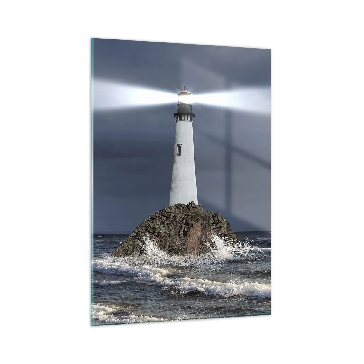 Impression sur verre - Image sur verre - Un phare sur un rocher au milieu des vagues agitées la nuit - 50x70cm - I… i… ici ! - Décoration murale moderne pour le salon et la chambre ARTTOR