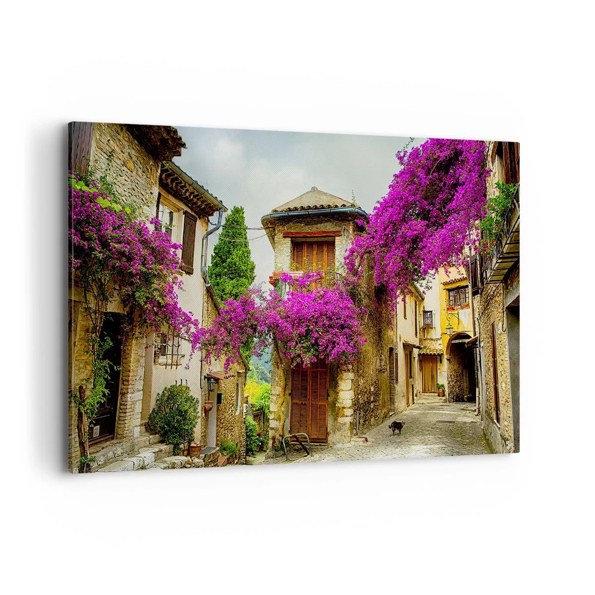 Impression sur toile - Image sur toile - Une rue en pierre avec des fleurs roses et des maisons - 120x80cm - Sous un dais fleuri - Décoration murale moderne pour le salon et la chambre ARTTOR