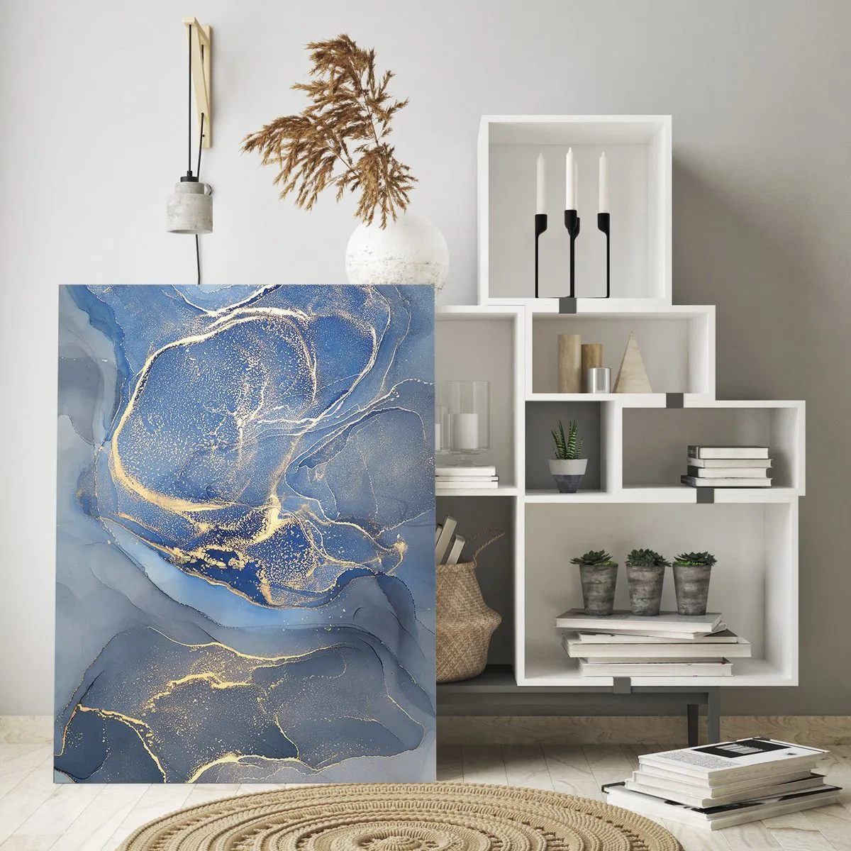 Impression sur verre - Image sur verre - Motifs bleus abstraits avec des accents dorés - 70x100cm - Poussière d'or - Décoration murale moderne pour le salon et la chambre ARTTOR