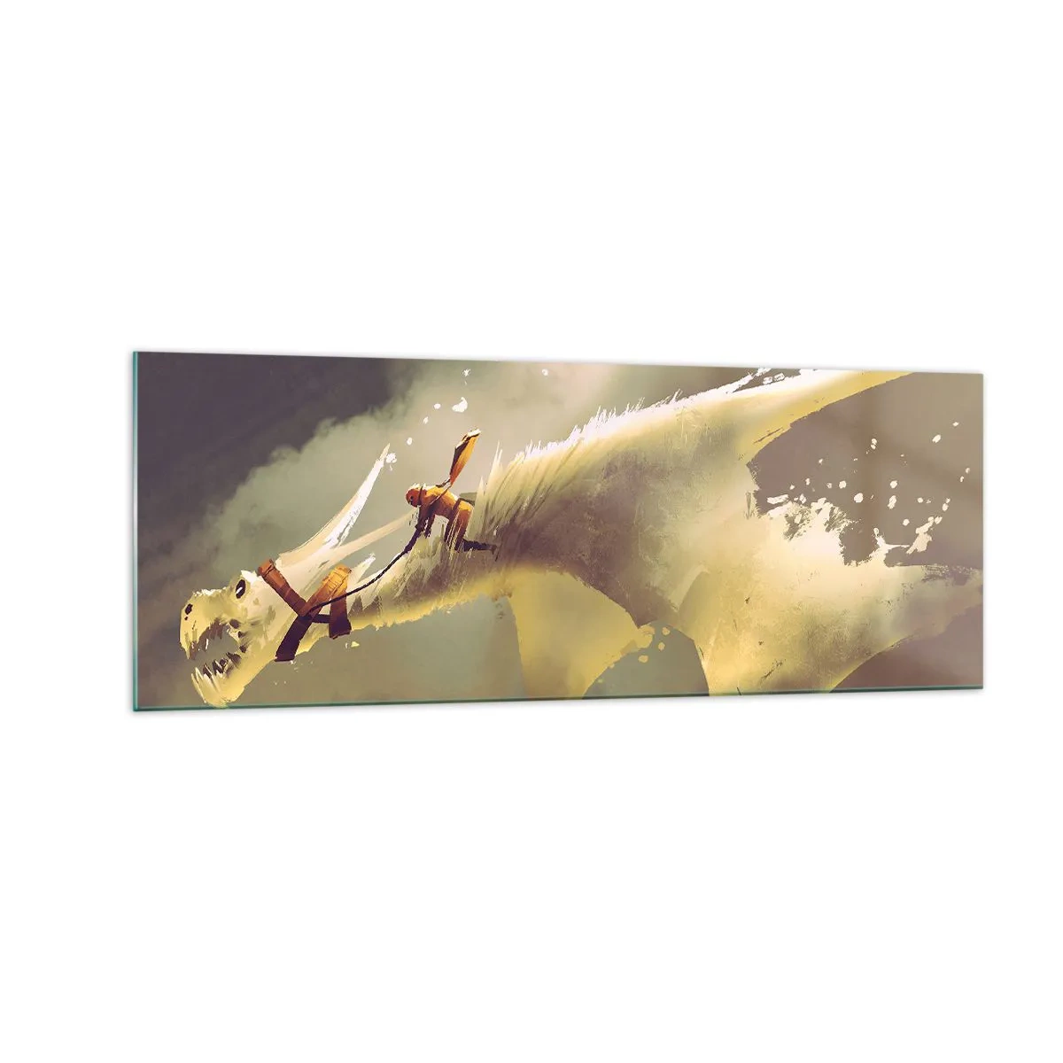 Impression sur verre - Image sur verre - Illustration d'un cavalier de dragon dans un paysage nuageux fantastique - 140x50cm - Le monde à la rescousse - Décoration murale moderne pour le salon et la chambre ARTTOR