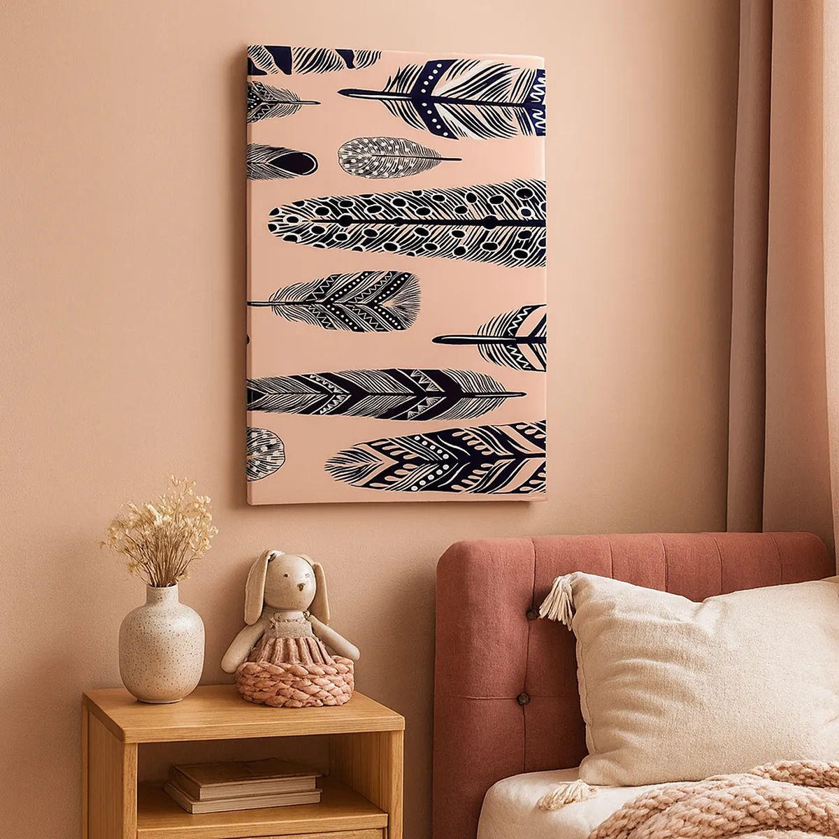 Impression sur toile - Image sur toile - Plumes décoratives sur fond clair - 50x70cm - Collection indienne - Décoration murale moderne pour le salon et la chambre ARTTOR