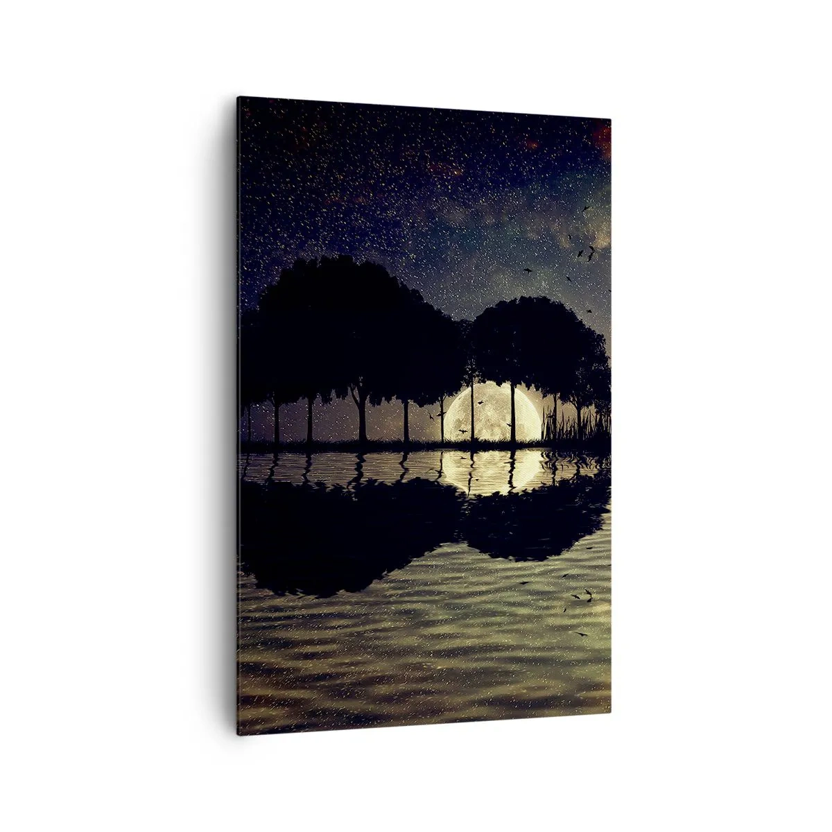 Impression sur toile - Image sur toile - Une nuit magique avec des arbres et la lune se reflétant sur l'eau - 80x120cm - Nuit au bout du monde - Décoration murale moderne pour le salon et la chambre ARTTOR