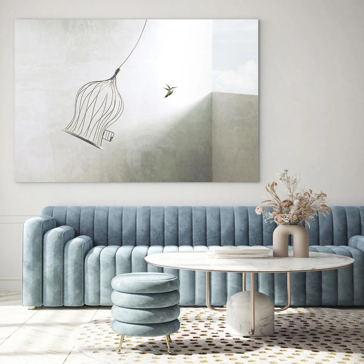 Impression sur verre - Image sur verre - Une cage ouverte et un colibri s'envolant à la lumière du jour - 120x80cm - Dans son élément - Décoration murale moderne pour le salon et la chambre ARTTOR