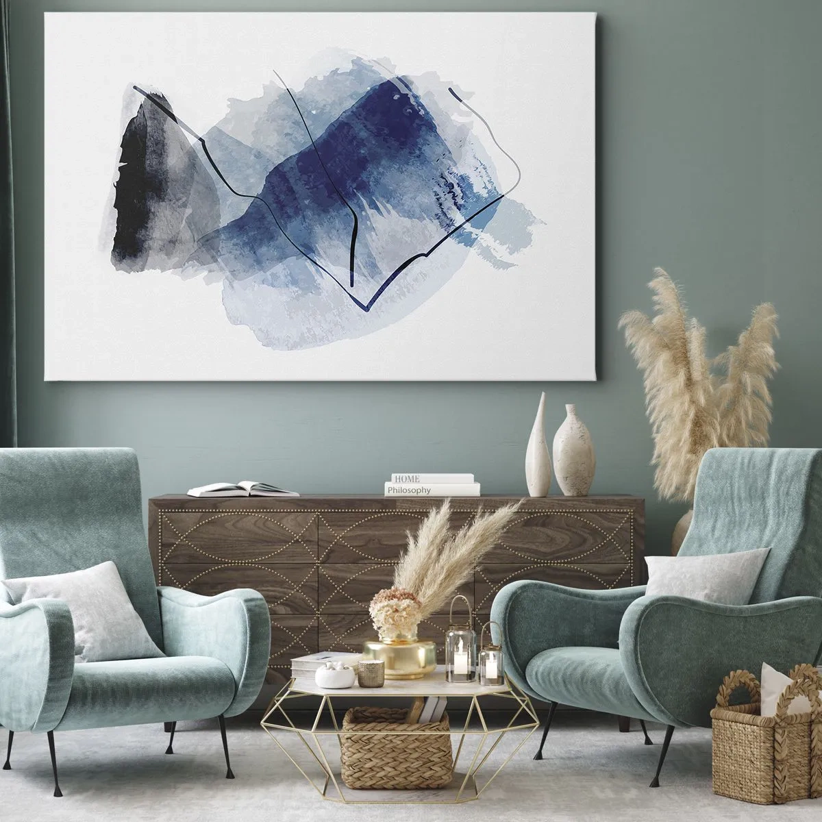Impression sur toile - Image sur toile - Formes abstraites dans des tons de bleu avec des lignes délicates - 70x50cm - Montagne de glace - Décoration murale moderne pour le salon et la chambre ARTTOR