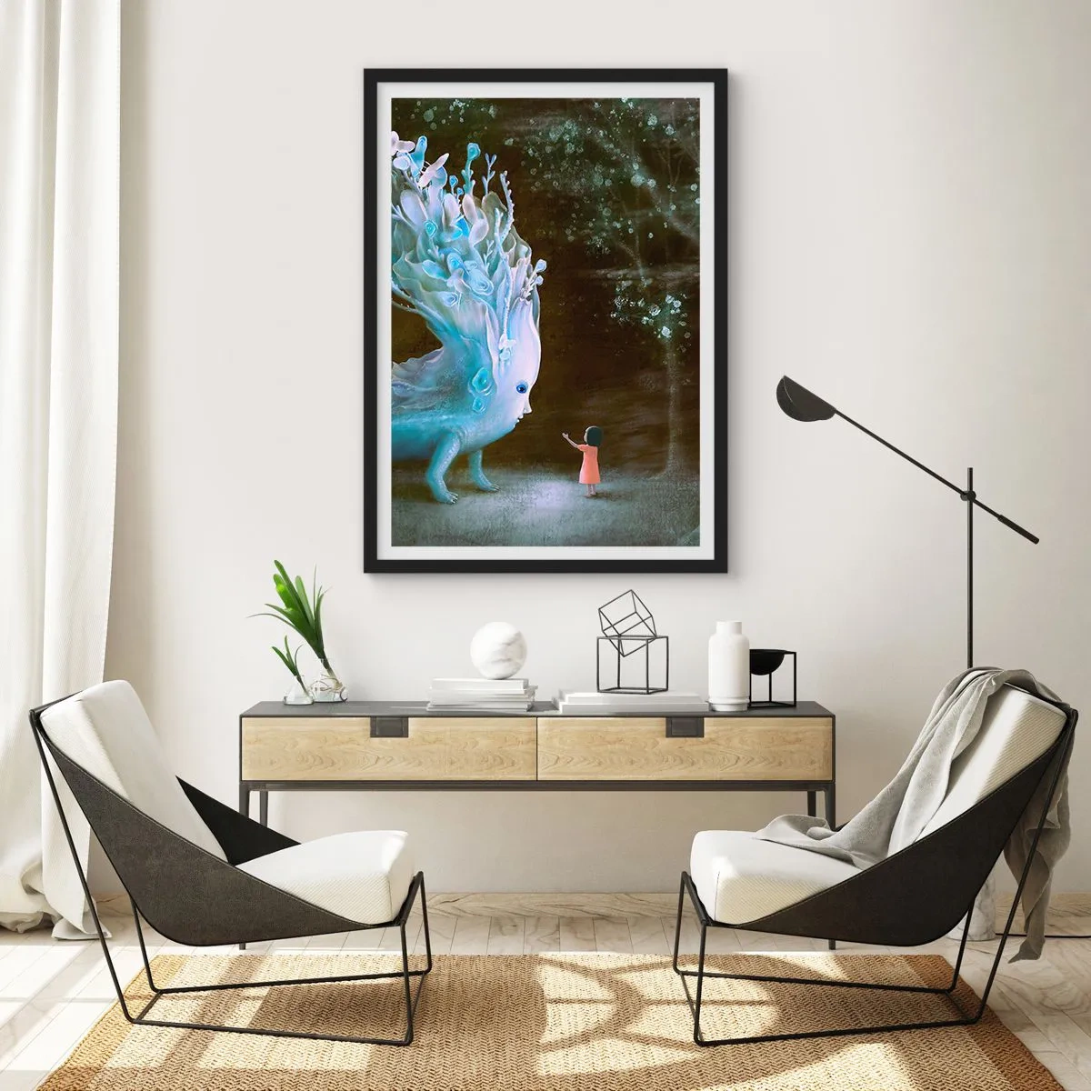 Affiche dans un cadre noir - Poster - Une fille dans la forêt rencontre une créature magique dans un environnement lumineux. - 50x70cm - Une rencontre fantastique - Décoration murale moderne pour le salon et la chambre ARTTOR