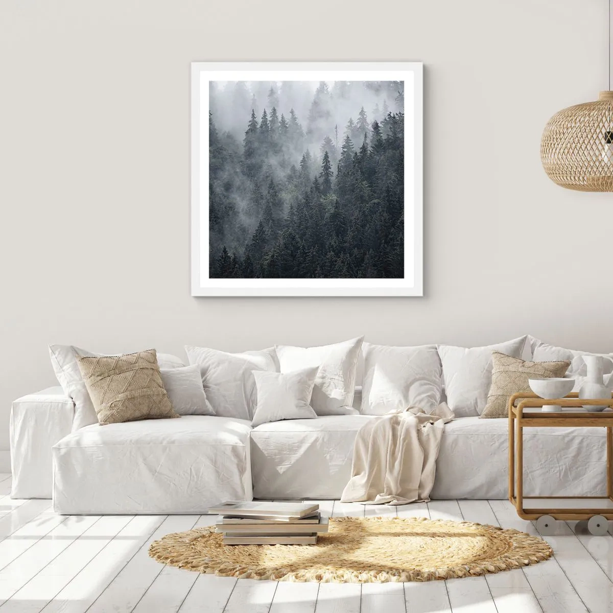 Affiche dans un cadre blanc - Poster - Aube de la forêt - 50x50 cm