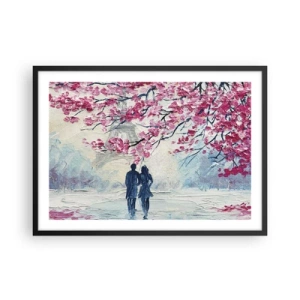 Affiche dans un cadre noir - Poster - Un couple sous des arbres roses en fleurs dans un cadre romantique - 70x50cm - Ballade romantique - Décoration murale moderne pour le salon et la chambre ARTTOR