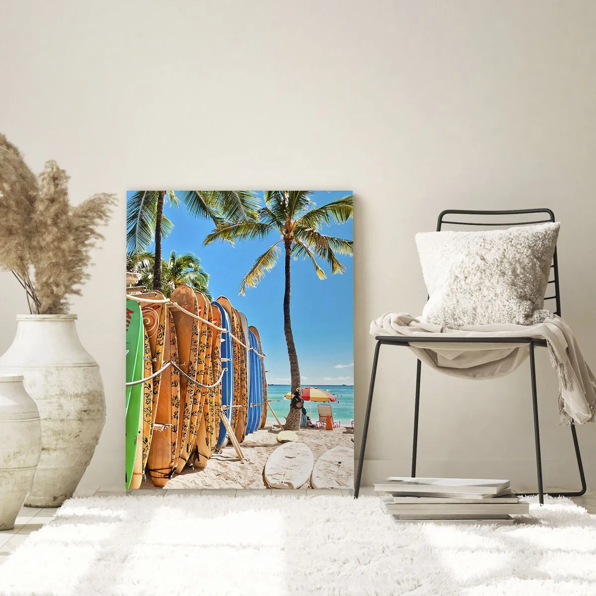 Impression sur verre - Image sur verre - Planches de surf sur une plage avec des palmiers - 70x100cm - Jeux ensoleillés - Décoration murale moderne pour le salon et la chambre ARTTOR