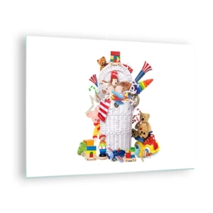 Impression sur verre - Image sur verre - Un panier rempli de jouets colorés sur fond blanc - 70x50cm - Trésors des tout-petits - Décoration murale moderne pour le salon et la chambre ARTTOR
