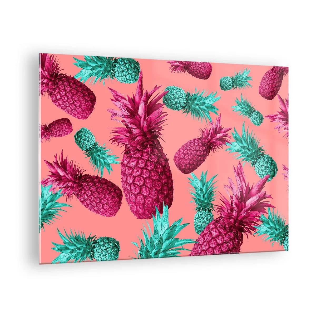 Impression sur verre - Image sur verre - Ananas colorés dans des tons de rose et de vert sur fond rose - 70x50cm - La liberté est douce - Décoration murale moderne pour le salon et la chambre ARTTOR