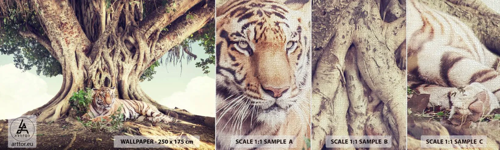 Échantillon de Papier Peint Premium Canvas - Vue du Livre de la Genèse - tigre du Bengale, Inde, Paysage - 100x30 cm