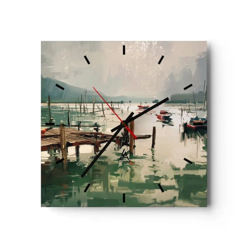 Horloge murale - Pendule murale - Un port pittoresque avec des bateaux sur une eau calme - 30x30cm - Trempé dans une lune en fusion - Décoration murale moderne pour le salon et la chambre ARTTOR