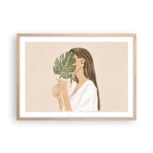 Affiche dans un chêne clair - Poster - Portrait mystérieux avec un éventail - 70x50 cm