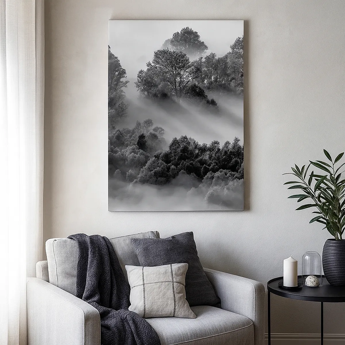 Impression sur toile - Image sur toile - Paysage forestier noir et blanc dans le brouillard du matin - 50x70cm - Sortir de son sommeil - Décoration murale moderne pour le salon et la chambre ARTTOR