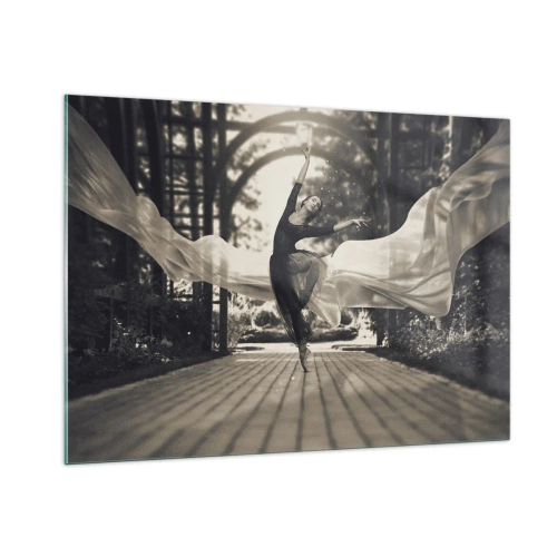 Impression sur verre - Image sur verre - Une danseuse en mouvement sur fond de jardin en noir et blanc. - 100x70cm - La danse de l'esprit jardin - Décoration murale moderne pour le salon et la chambre ARTTOR