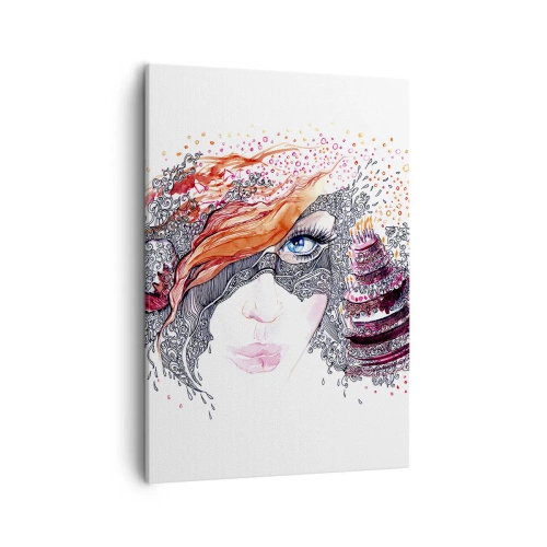 Impression sur toile - Image sur toile - Portrait artistique d'une femme avec des détails et un accent rouge - 50x70cm - Avec elle, c'est tous les jours la fête - Décoration murale moderne pour le salon et la chambre ARTTOR