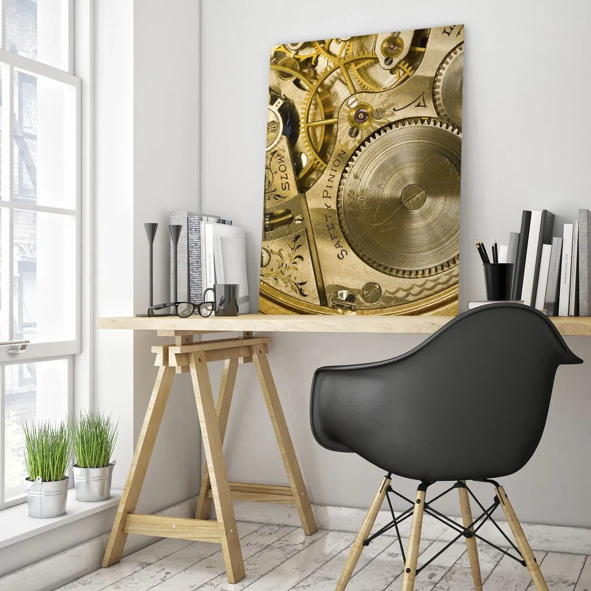 Impression sur verre - Image sur verre - Mécanisme de montre avec engrenages et détails visibles - 80x120cm - Marcher avec son temps - Décoration murale moderne pour le salon et la chambre ARTTOR