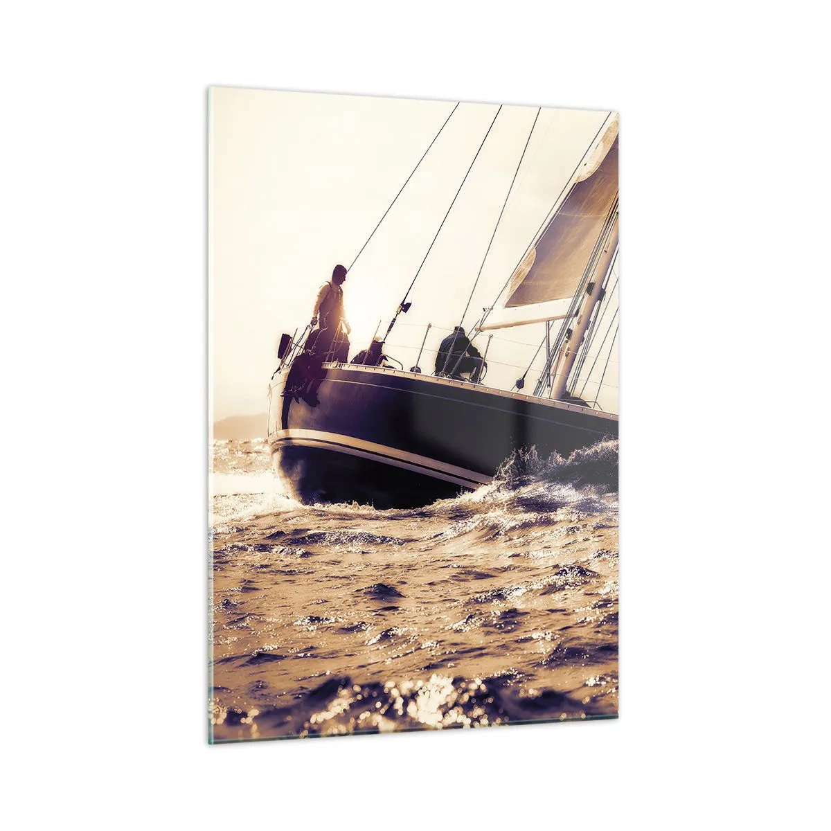 Impression sur verre - Image sur verre - Un voilier sur une mer agitée aux tons chauds - 50x70cm - Navigue, marin - Décoration murale moderne pour le salon et la chambre ARTTOR