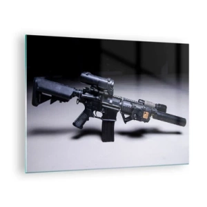 Impression sur verre - Image sur verre - Un fusil d'assaut noir avec des accessoires posés sur un fond clair - 70x50cm - Chevalier ténébreux - Décoration murale moderne pour le salon et la chambre ARTTOR