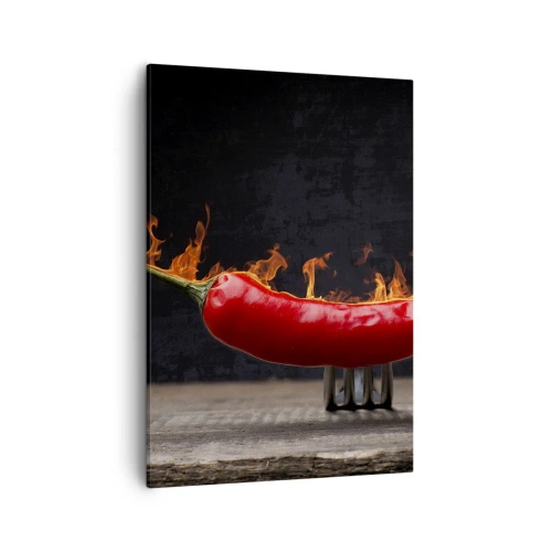Impression sur toile - Image sur toile - Poivron rouge flamboyant sur une fourchette - 50x70cm - Un apéritif enflammé - Décoration murale moderne pour le salon et la chambre ARTTOR