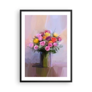 Affiche dans un cadre noir - Poster - Un bouquet de roses et de fleurs dans un vase en verre - 50x70cm - Beauté conservée - Décoration murale moderne pour le salon et la chambre ARTTOR