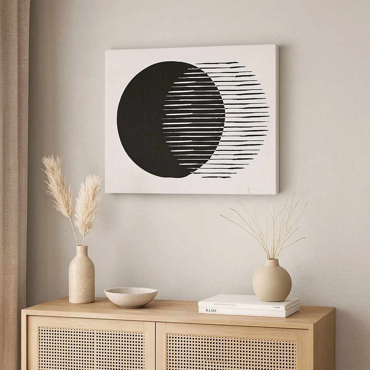 Impression sur toile - Image sur toile - Deux cercles superposés avec des lignes noires et blanches - 70x50cm - Son alter ego - Décoration murale moderne pour le salon et la chambre ARTTOR