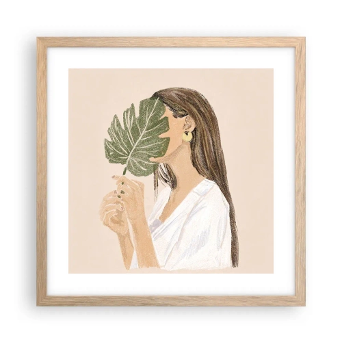 Affiche dans un chêne clair - Poster - Portrait mystérieux avec un éventail - 40x40 cm