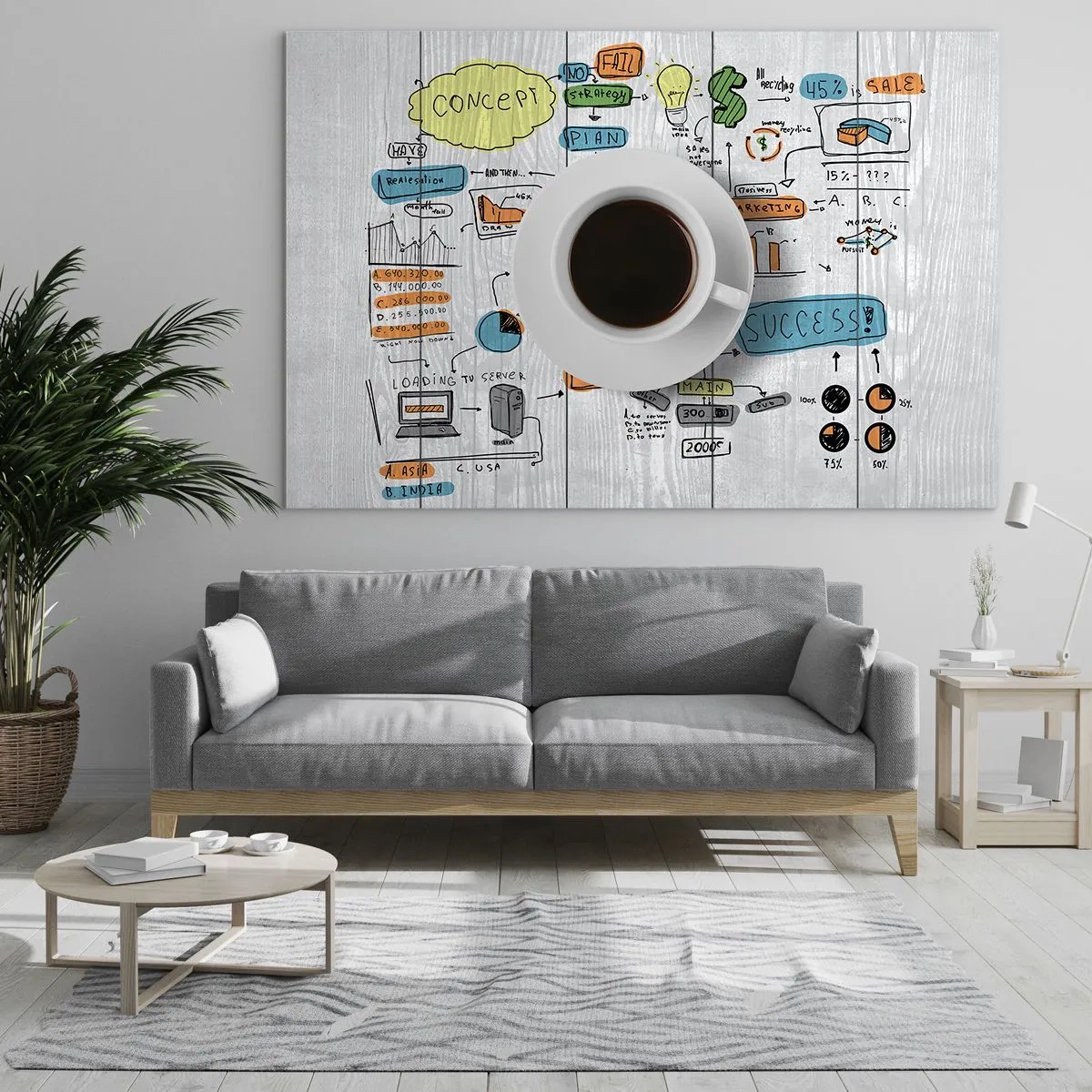 Impression sur verre - Image sur verre - Une tasse de café sur fond de diagrammes et de dessins conceptuels - 100x70cm - Il est temps de faire une pause - Décoration murale moderne pour le salon et la chambre ARTTOR