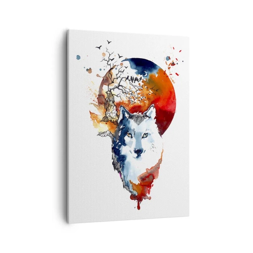 Impression sur toile - Image sur toile - Aquarelle abstraite d'un loup sur fond de lune rouge - 50x70cm - Nez à nez avec la nuit - Décoration murale moderne pour le salon et la chambre ARTTOR