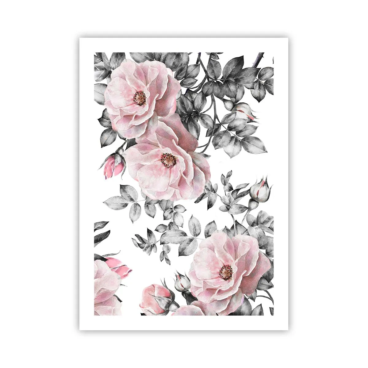 Affiche - Poster - Roses roses sur fond de feuilles noires et blanches - 50x70cm - Se perdre dans les fleurs des roses - Décoration murale moderne pour le salon et la chambre ARTTOR