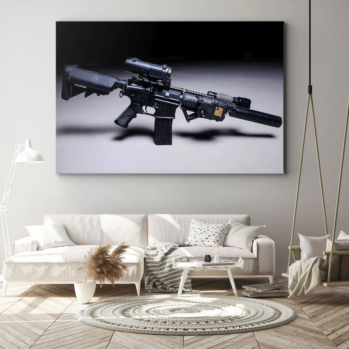 Impression sur toile - Image sur toile - Un fusil moderne en noir sur fond sombre - 100x70cm - Chevalier ténébreux - Décoration murale moderne pour le salon et la chambre ARTTOR