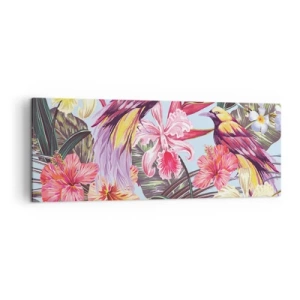 Impression sur toile - Image sur toile - Oiseaux exotiques parmi les fleurs tropicales - 140x50cm - Pétales et plumes - Décoration murale moderne pour le salon et la chambre ARTTOR