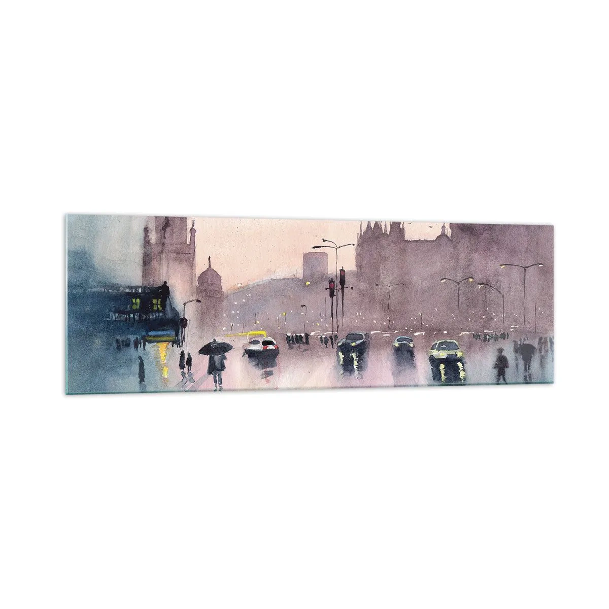 Impression sur verre - Image sur verre - Une rue de la ville au crépuscule dans un style aquarelle - 160x50cm - Dans une brume pluvieuse - Décoration murale moderne pour le salon et la chambre ARTTOR