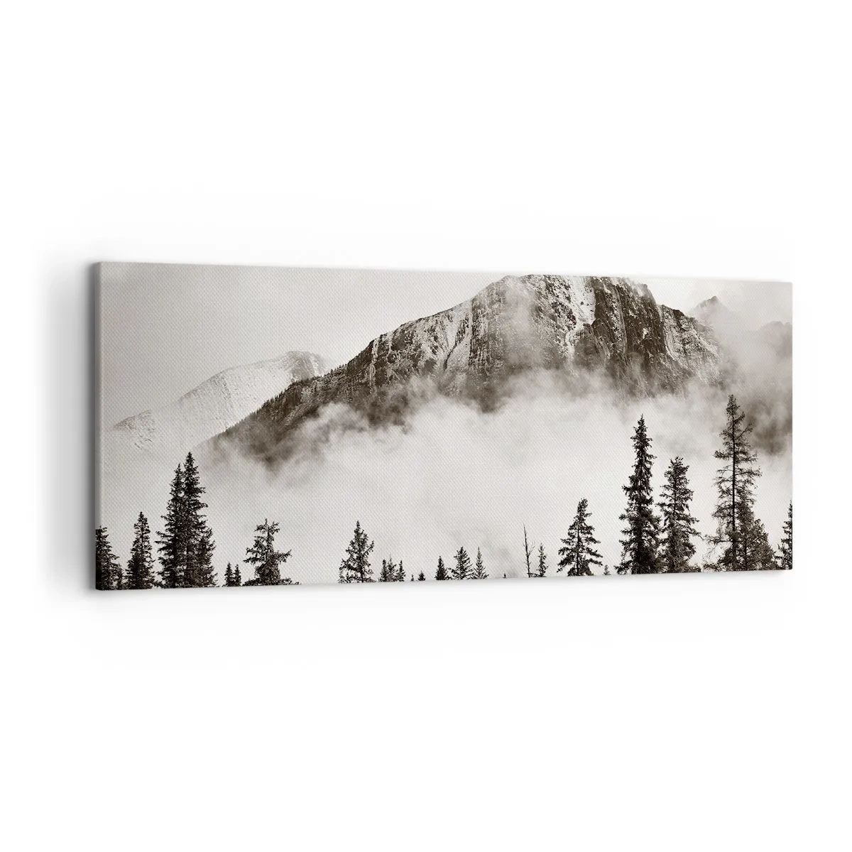 Impression sur toile - Image sur toile - Un sommet de montagne pittoresque entouré de brouillard et d'une forêt aux tons sépia - 120x50cm - Seigneur de granite - Décoration murale moderne pour le salon et la chambre ARTTOR