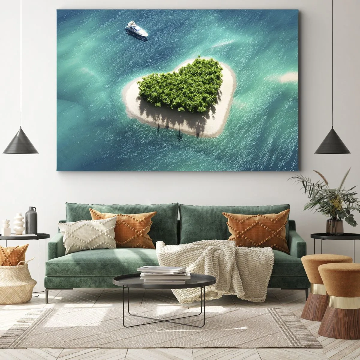 Impression sur toile - Image sur toile - Une île romantique en forme de cœur dans une mer turquoise - 100x70cm - J'aime l'été - Décoration murale moderne pour le salon et la chambre ARTTOR