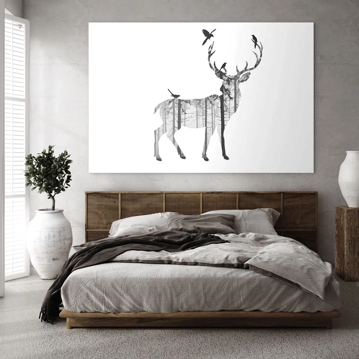 Impression sur verre - Image sur verre - Silhouette graphique d'un cerf avec un motif de forêt et d'oiseaux - 70x50cm - La bonne âme de la forêt - Décoration murale moderne pour le salon et la chambre ARTTOR