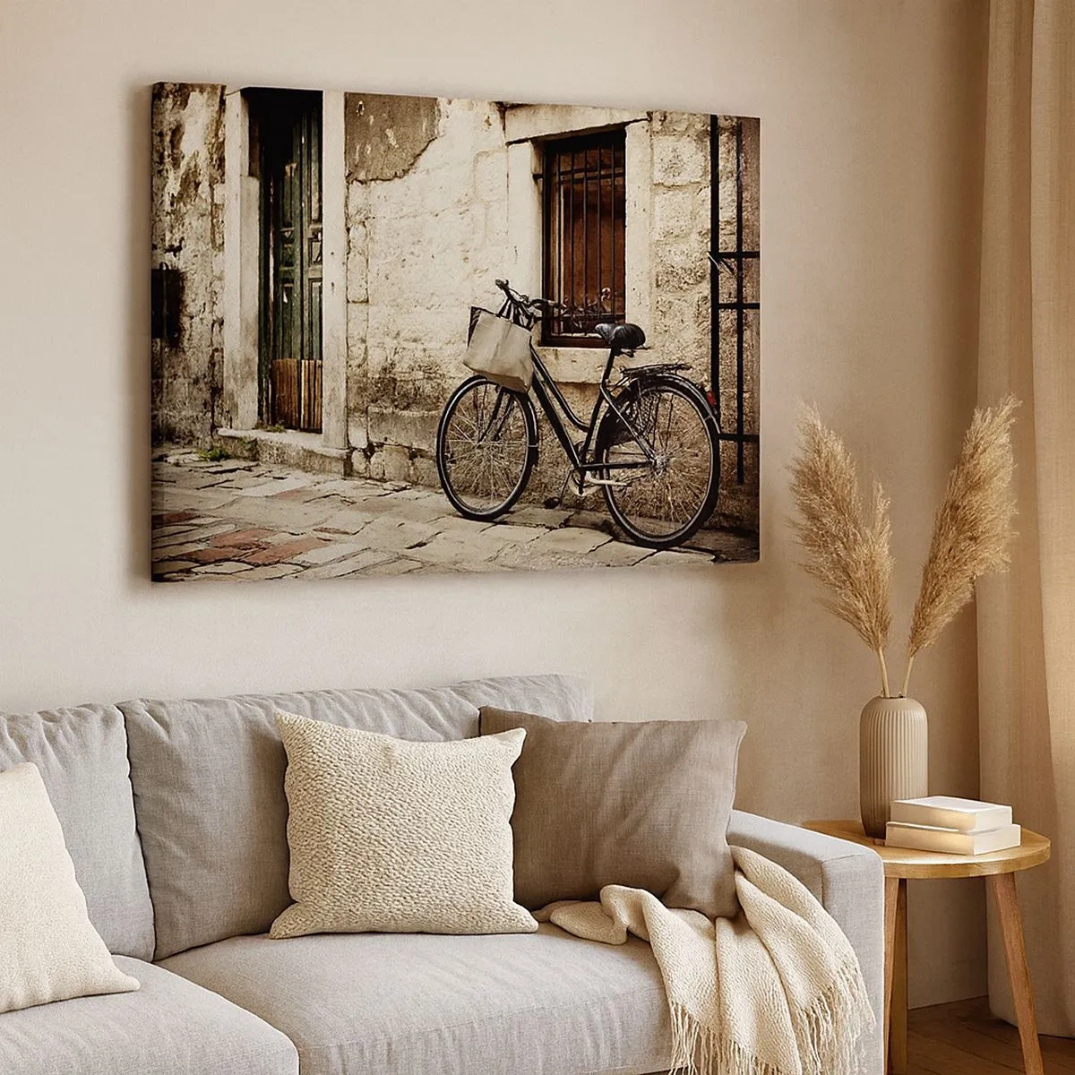 Impression sur toile - Image sur toile - Un vélo contre un mur de pierre avec une fenêtre et une porte de style rétro - 70x50cm - Retour au passé - Décoration murale moderne pour le salon et la chambre ARTTOR