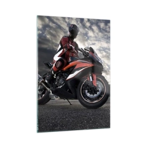 Impression sur verre - Image sur verre - Un motocycliste sur une piste de course sous un ciel orageux - 50x70cm - Cavalier noir - Décoration murale moderne pour le salon et la chambre ARTTOR