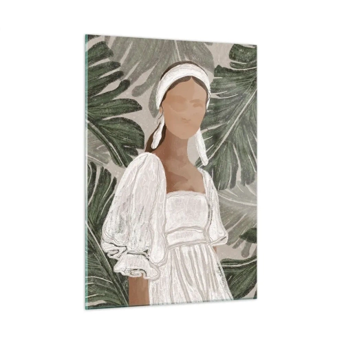 Impression sur verre - Image sur verre - Une femme en robe blanche sur fond de feuilles tropicales vertes. - 50x70cm - Portrait exotique - Décoration murale moderne pour le salon et la chambre ARTTOR