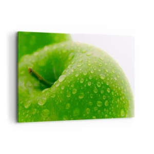 Impression sur toile - Image sur toile - Gros plan d'une pomme verte avec des gouttes d'eau - 100x70cm - Fraîcheur de verdure fraîche - Décoration murale moderne pour le salon et la chambre ARTTOR