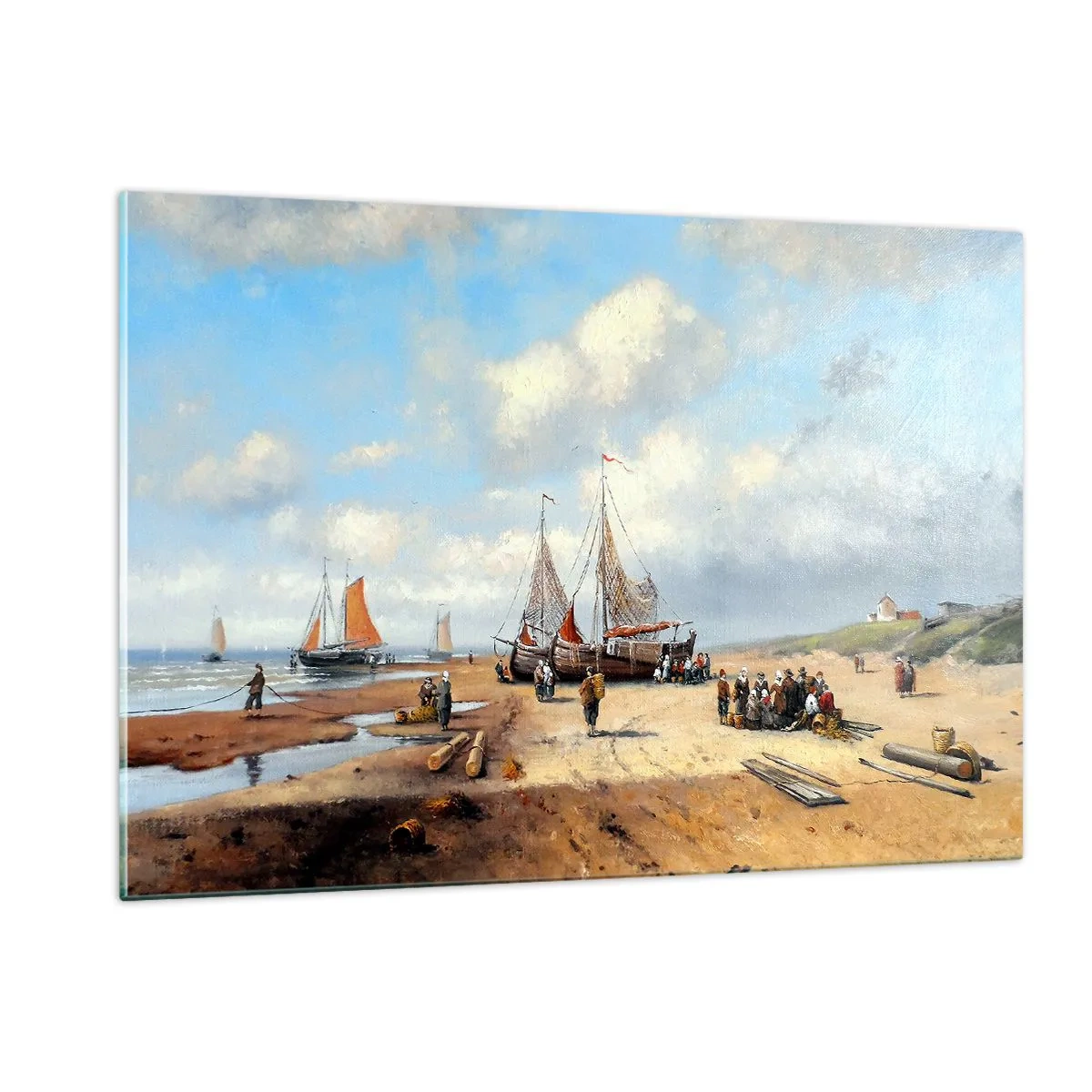 Impression sur verre - Image sur verre - Scène de plage avec des bateaux de pêche et des pêcheurs - 120x80cm - Après une capture réussie - Décoration murale moderne pour le salon et la chambre ARTTOR