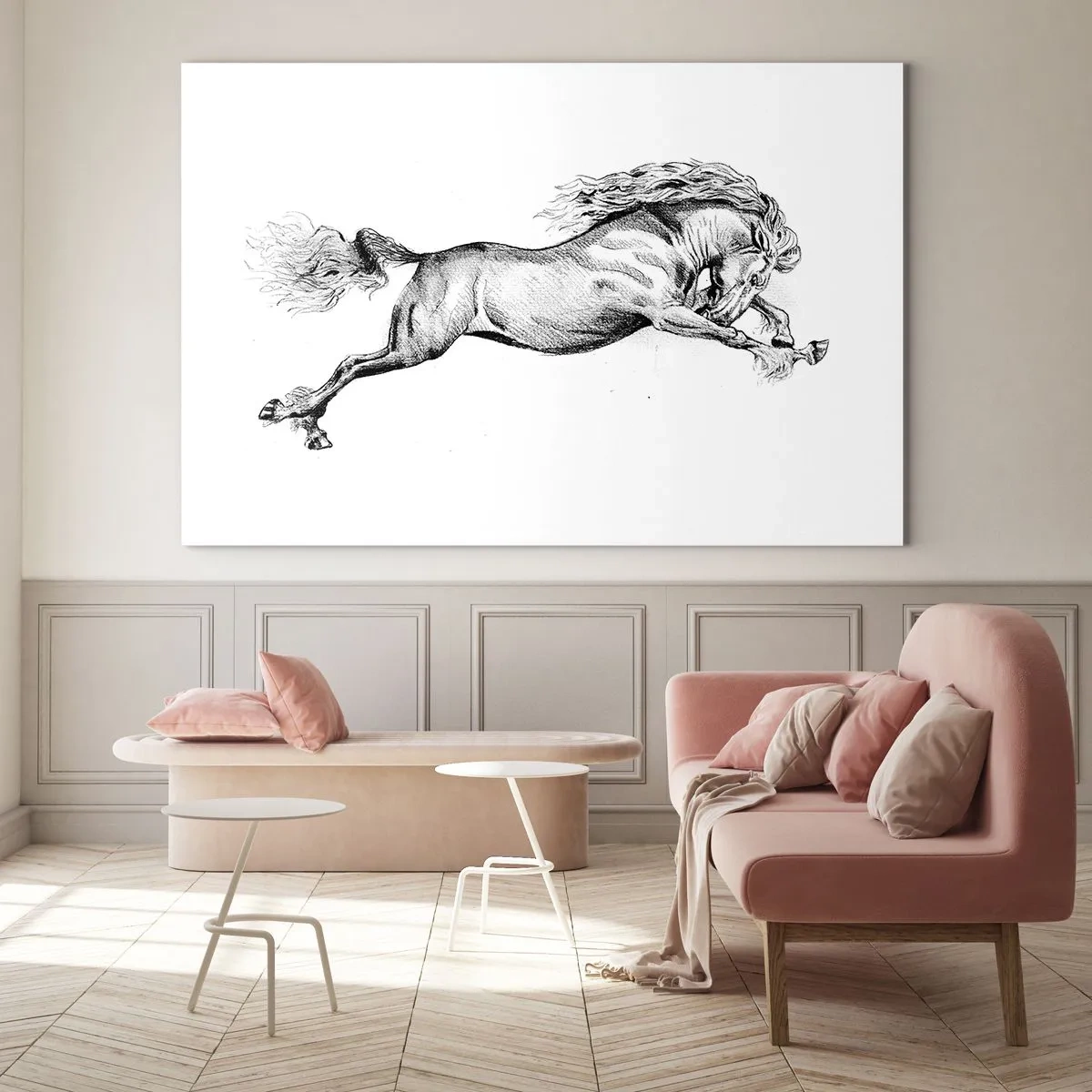 Impression sur verre - Image sur verre - Dessin en noir et blanc d'un cheval au galop - 70x50cm - Immortalisé au galop - Décoration murale moderne pour le salon et la chambre ARTTOR