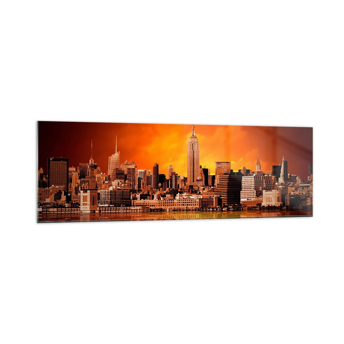 Impression sur verre - Image sur verre - Panorama de la ville au coucher du soleil avec les bâtiments se reflétant dans l'eau - 160x50cm - Panorama de grande ville en jaune et bronze - Décoration murale moderne pour le salon et la chambre ARTTOR